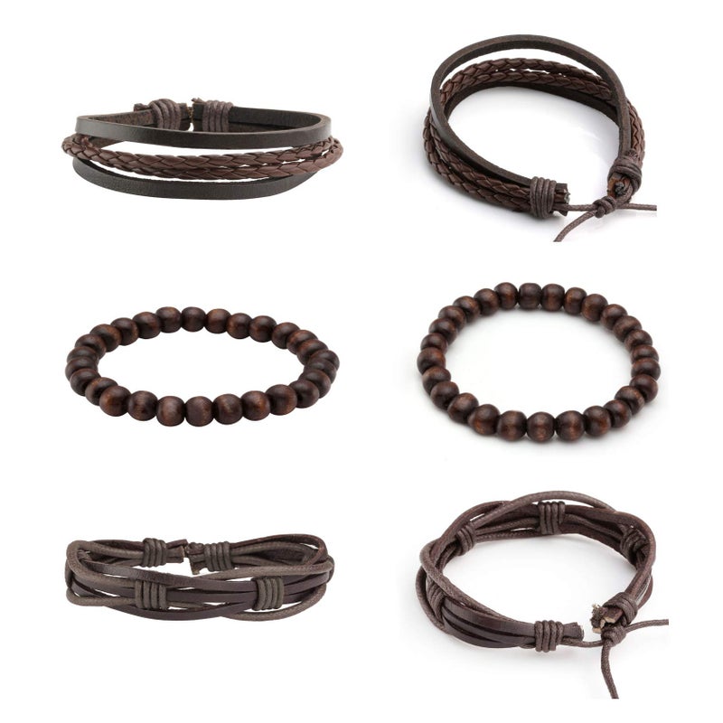 MILAKOO 10 Pcs Braided Leather Bracelet for Men Women Wooden Beaded Bracelets Wrap Adjustable - Image 2
